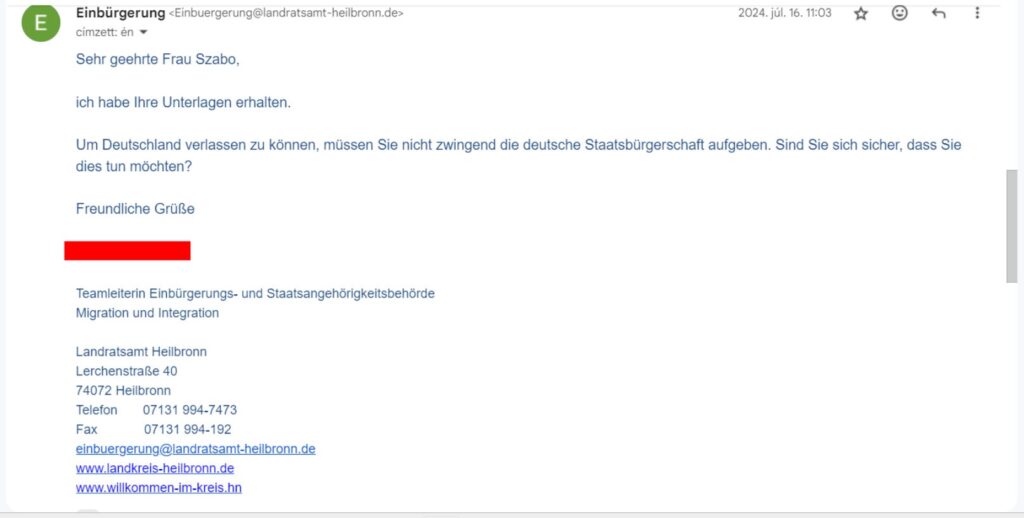 Schriftliche Mitteilung der Einbürgerungsbehörde im Zusammenhang mit dem Verfahren zur deutschen Staatsbürgerschaft