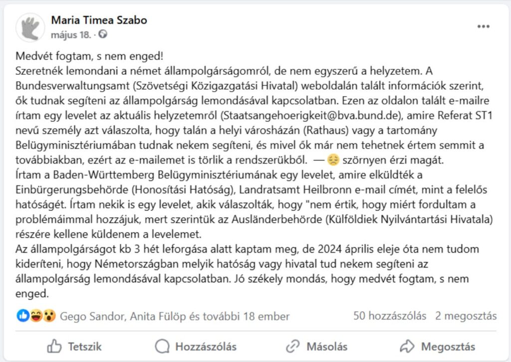 Facebook-Beitrag über den Verzicht auf die deutsche Staatsbürgerschaft und persönliche Erfahrungen im Zusammenhang mit dem Verfahren