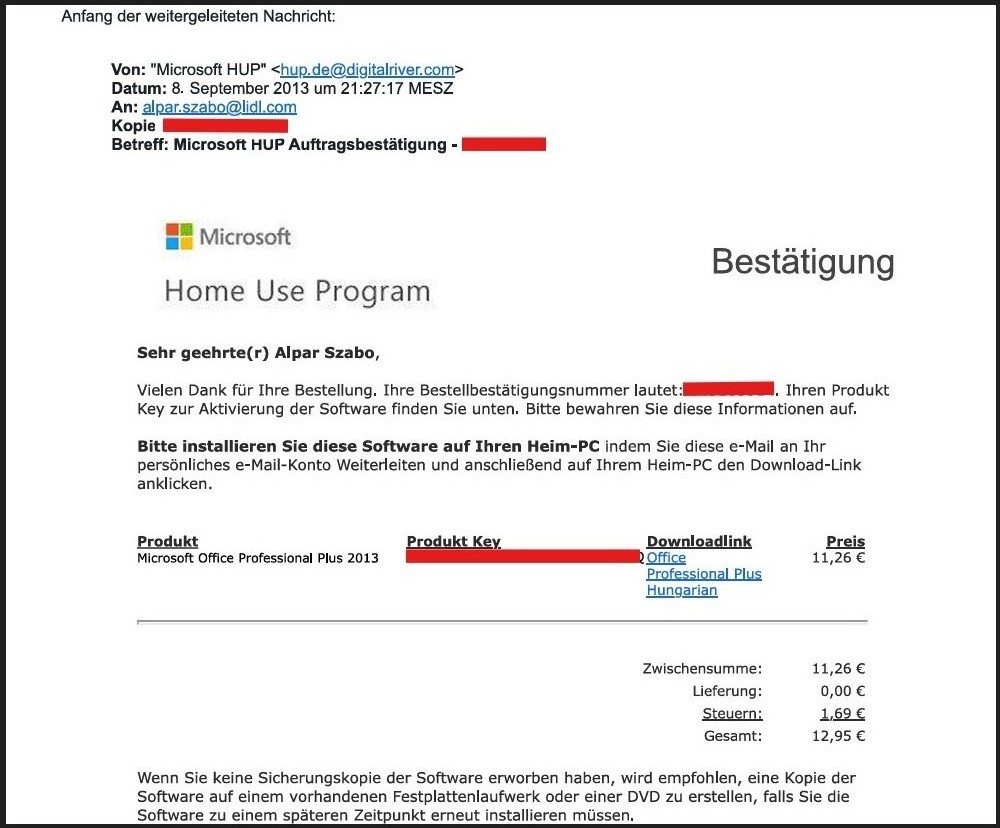 Microsoft HUP Auftragsbestätigung