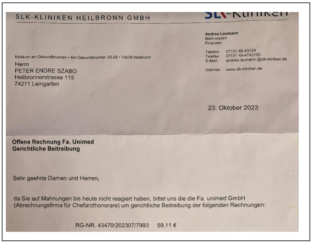 Rechnung des SLK-Krankenhauses Heilbronn – adressiert an Peter Endre Szabo, Adresse in Leingarten