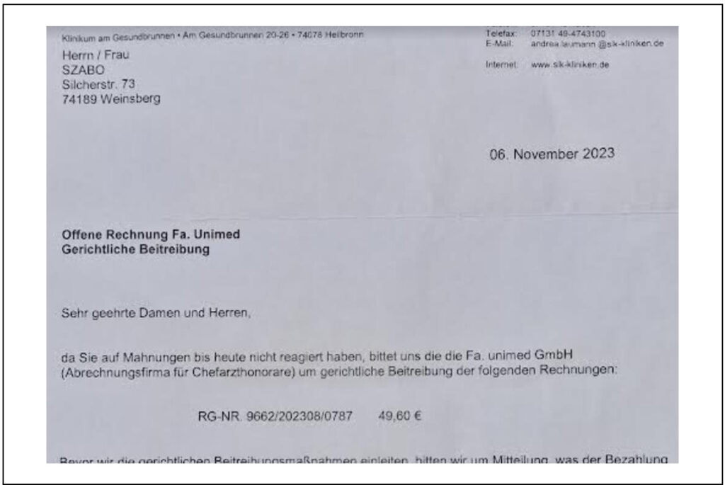 Rechnung des SLK-Krankenhauses Heilbronn – adressiert an Herr/Frau Szabo, Adresse in Weinsberg