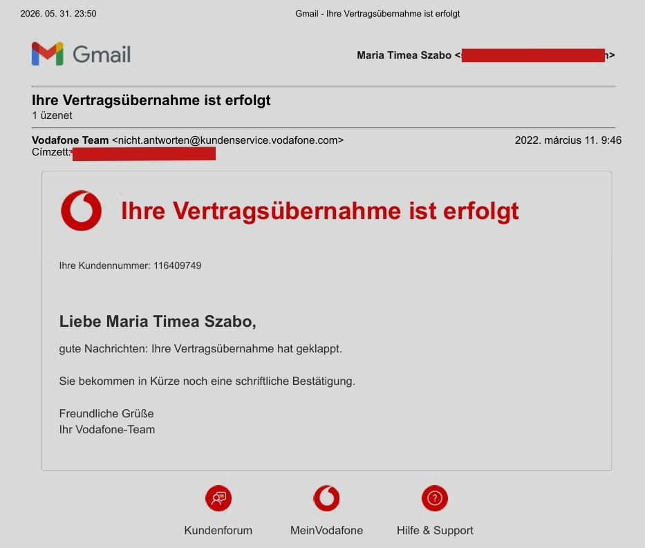 Vodafone- und BfDI-Beschwerden - Vodafone Vertargsübernahme Bestätigung